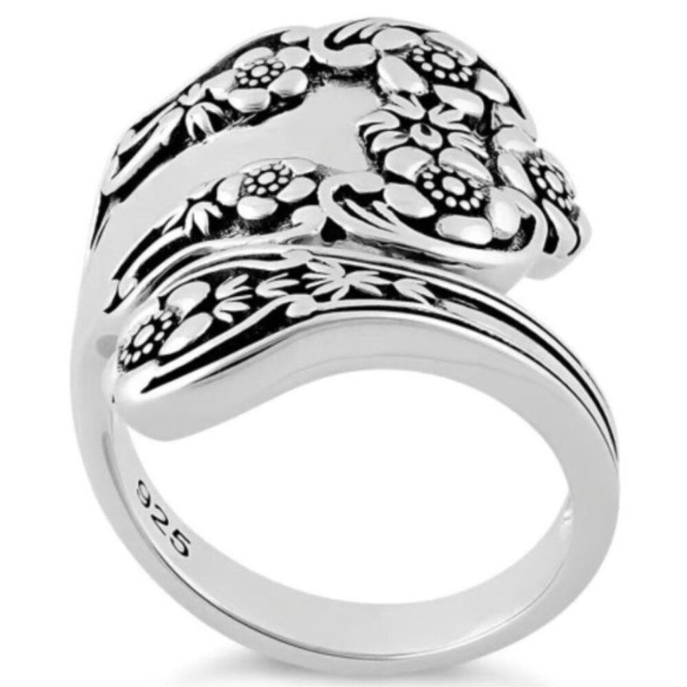 925 STERLING SILVER Vintage Style Flowers Spoon Ring - Picture 14 of 15